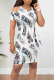 White Casual Leaf Print Contrast O Neck Printed Dresses