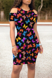 Red Black Casual Butterfly Print Contrast O Neck Printed Dresses