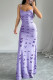 Purple Sexy Butterfly Print Backless Spaghetti Strap Long Dresses