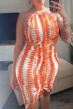Green Sexy Print Hollow Out Patchwork Backless Ruched Halter Long Dresses