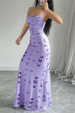 Purple Sexy Butterfly Print Backless Spaghetti Strap Long Dresses