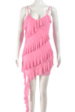 Pink Sexy Solid Color Patchwork Backless Ruffled Trim Spaghetti Strap Sling Dresses