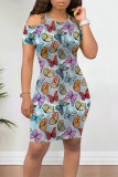 Grey Casual Butterfly Print Contrast O Neck Printed Dresses