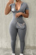 Grey Casual Letters Patchwork Zipper Zipper Collar Skinny Jumpsuits