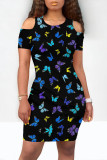 Grey Casual Butterfly Print Contrast O Neck Printed Dresses