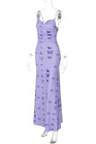Purple Sexy Butterfly Print Backless Spaghetti Strap Long Dresses