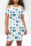 Grey Casual Butterfly Print Contrast O Neck Printed Dresses