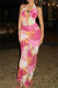 Colour Sexy Print Backless Belted Halter Long Dresses