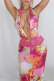 Colour Sexy Print Backless Belted Halter Long Dresses