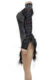 Black Sexy Fringed Trim Patchwork See-Through Hot Drill Zipper O Neck Wrapped Skirt Dresses