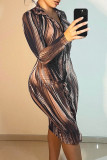Brownness Sexy Print Buckle Patchwork Turndown Collar Wrapped Skirt Dresses
