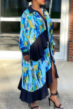 Blue Celebrities Print Pocket Buckle Patchwork Ruffle Irregular Hem Turndown Collar Irregular Plus Size Dresses