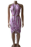 Green Sexy Print Hollow Out Patchwork Backless Ruched Halter Long Dresses