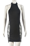 Black Sexy Solid Color Lace Patchwork O Neck Wrapped Skirt Dresses