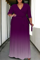 Purple Casual Street Gradient Print Lace Up V Neck Printed Plus Size Dresses