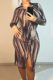Brownness Sexy Print Buckle Patchwork Turndown Collar Wrapped Skirt Dresses