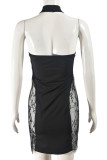 Black Sexy Solid Color Lace Patchwork O Neck Wrapped Skirt Dresses