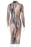 Brownness Sexy Print Buckle Patchwork Turndown Collar Wrapped Skirt Dresses
