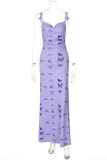 Purple Sexy Butterfly Print Backless Spaghetti Strap Long Dresses