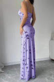 Purple Sexy Butterfly Print Backless Spaghetti Strap Long Dresses
