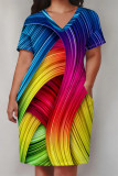 Colorful Blue Casual Street Rainbow Stripe Print Pocket Contrast V Neck Printed Plus Size Dresses
