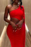 Red Celebrities Solid Color Hollow Out Patchwork Backless Oblique Collar Long Dresses