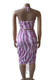 Green Sexy Print Hollow Out Patchwork Backless Ruched Halter Long Dresses