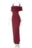 Burgundy Celebrities Solid Color Hollow Out Patchwork Backless Ruched Off Shoulder Long Dresses