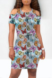 Grey Casual Butterfly Print Contrast O Neck Printed Dresses