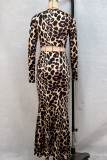 Camel Celebrities Leopard Print Patchwork Ruched O Neck Long Sleeve Two Pieces