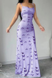 Purple Sexy Butterfly Print Backless Spaghetti Strap Long Dresses
