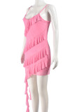 Pink Sexy Solid Color Patchwork Backless Ruffled Trim Spaghetti Strap Sling Dresses