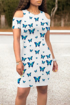 White Casual Butterfly Print Contrast O Neck Printed Dresses