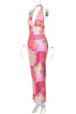 Colour Sexy Print Backless Belted Halter Long Dresses