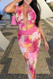 Colour Sexy Print Backless Belted Halter Long Dresses