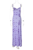 Purple Sexy Butterfly Print Backless Spaghetti Strap Long Dresses