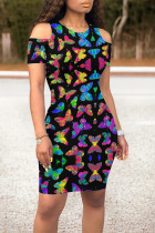 Black Casual Butterfly Print Contrast O Neck Printed Dresses