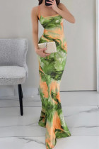 Green Celebrities Print Patchwork Backless Strap Design Spaghetti Strap Sling Dresses