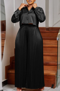 Black Casual Solid Color Buckle Patchwork Pleated Turndown Collar Plus Size Two Pieces