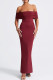 Burgundy Celebrities Solid Color Hollow Out Patchwork Backless Ruched Off Shoulder Long Dresses