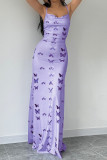 Purple Sexy Butterfly Print Backless Spaghetti Strap Long Dresses
