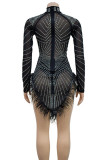Black Sexy Fringed Trim Patchwork See-Through Hot Drill Zipper O Neck Wrapped Skirt Dresses