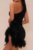 Black Sexy Sequins Patchwork Backless Feather Hemline Oblique Collar Wrapped Skirt Dresses