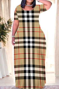 Khaki Casual Daily Plaid Contrast O Neck Printed Plus Size Dresses