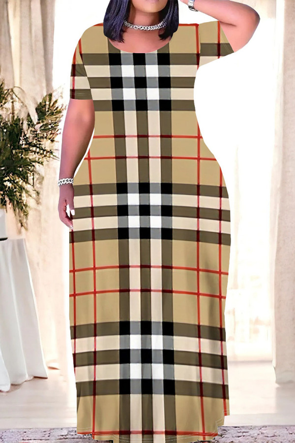 Khaki Casual Daily Plaid Contrast O Neck Printed Plus Size Dresses