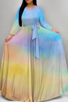 Blue Yellow Celebrities Tie Dye Patchwork Strap Design O Neck A Line Dresses