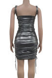 Gold Sexy Solid Color Hollow Out Patchwork Backless Cross Straps Ruched Spaghetti Strap Wrapped Skirt Dresses