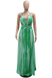 Red Celebrities Gradient Color Hollow Out Patchwork Backless Spaghetti Strap Long Dresses