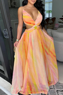 Orange Celebrities Gradient Color Hollow Out Patchwork Backless Spaghetti Strap Long Dresses