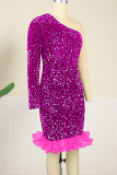 Rose Red Celebrities Sequins Patchwork Ruffled Trim Oblique Collar Wrapped Skirt Dresses